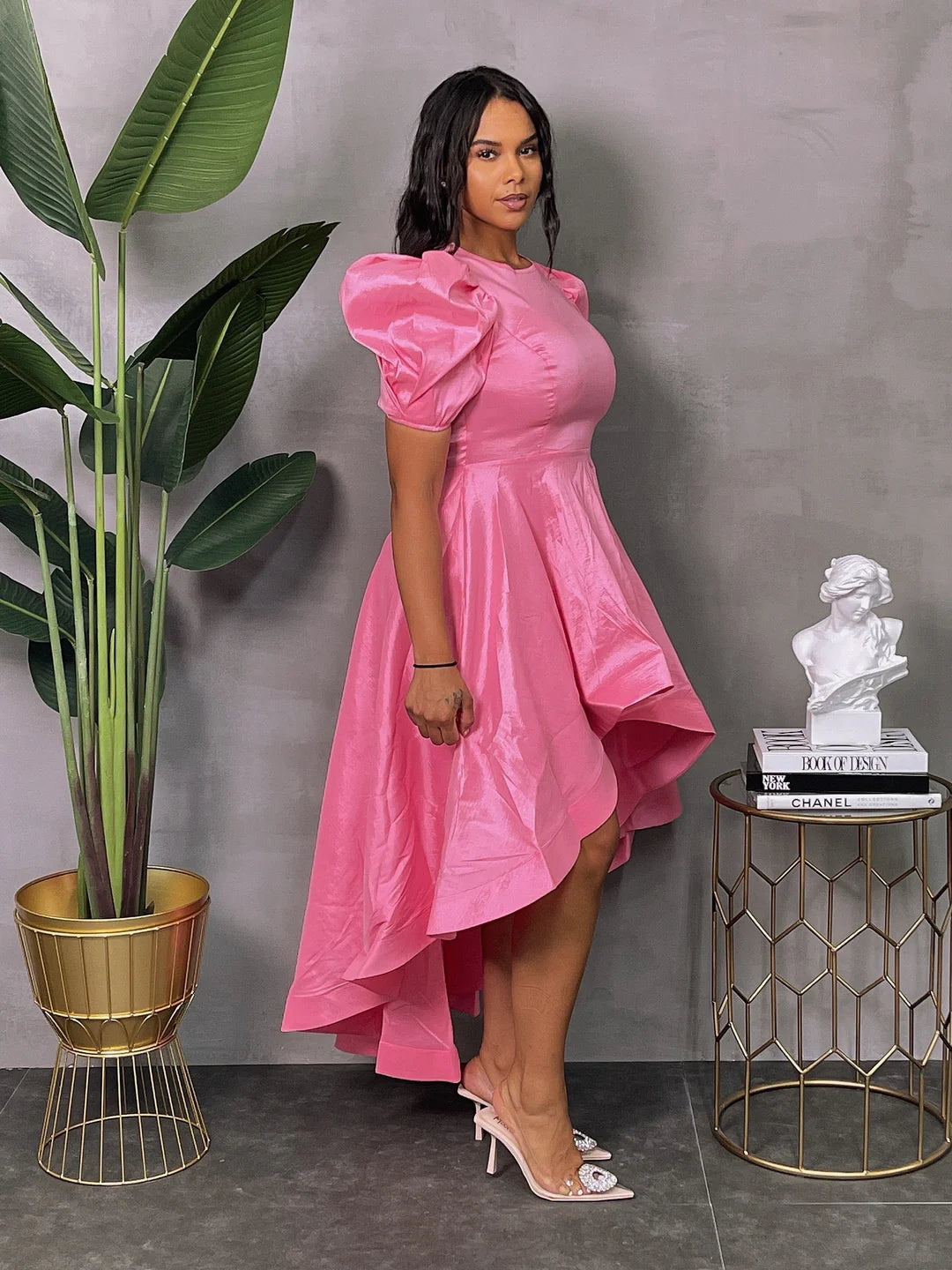 TAFFETA PUFF SLEEVE HI-LO DRESS