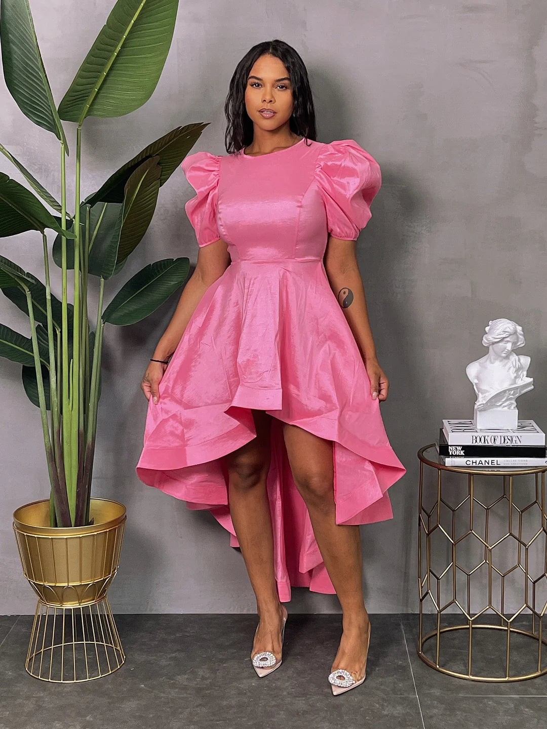 TAFFETA PUFF SLEEVE HI-LO DRESS